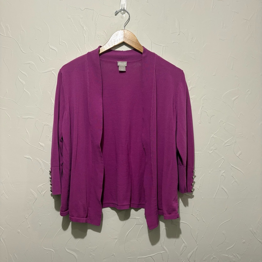Chico’s magenta open-front quarter-sleeve cardigan sweater (size 1/medium)